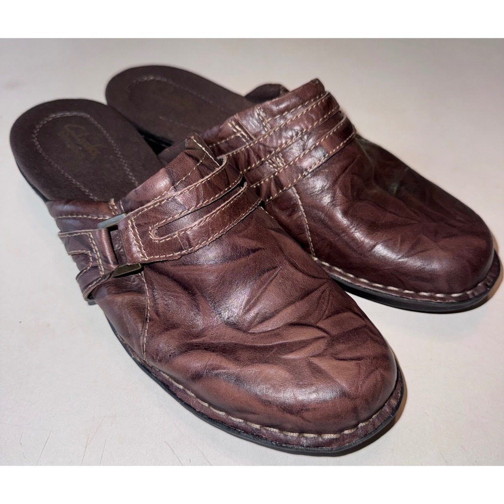 Clarks Women's Brown Leather Ruched Mules Clogs Comfort Low Heel Shoes 9M